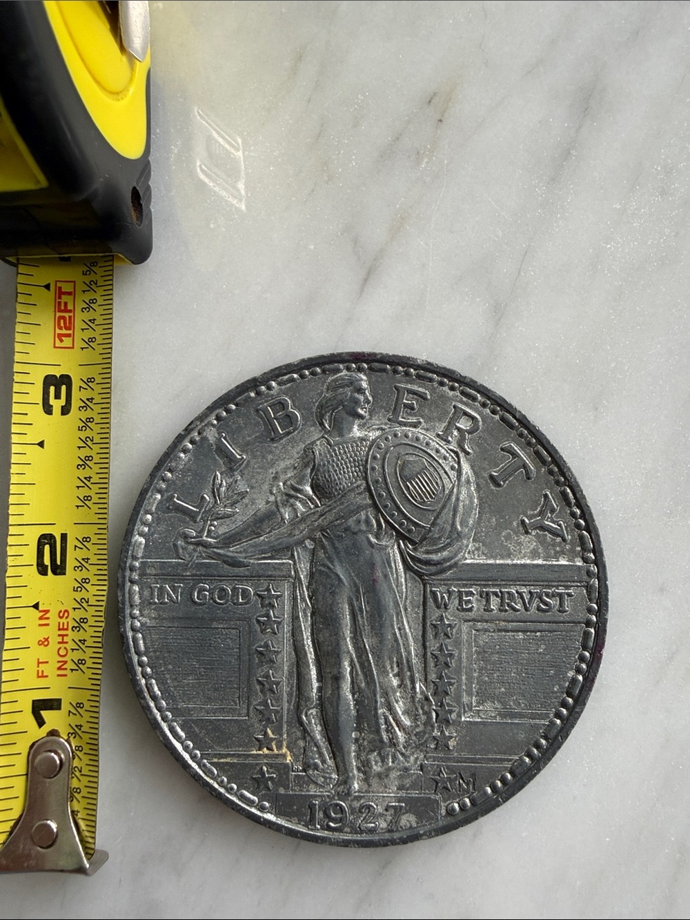 Vintage 1927 Liberty Standing Silver Coin Replica - Silver Tone